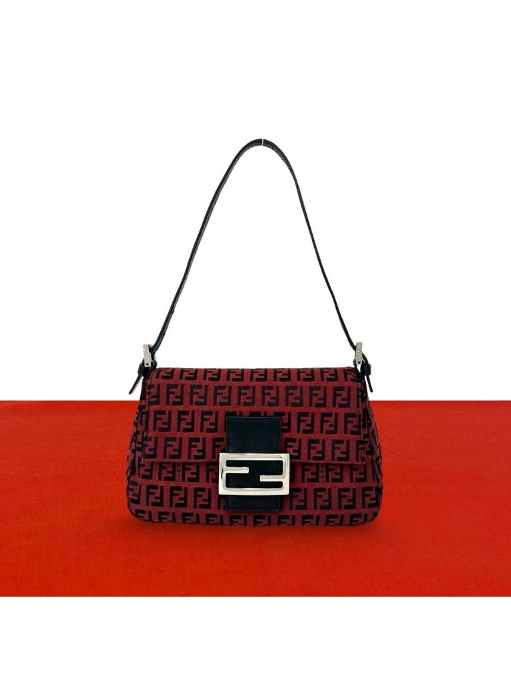 Fendi Zucchino FF Logo Canvas Leather Shoulder Bag Red Black